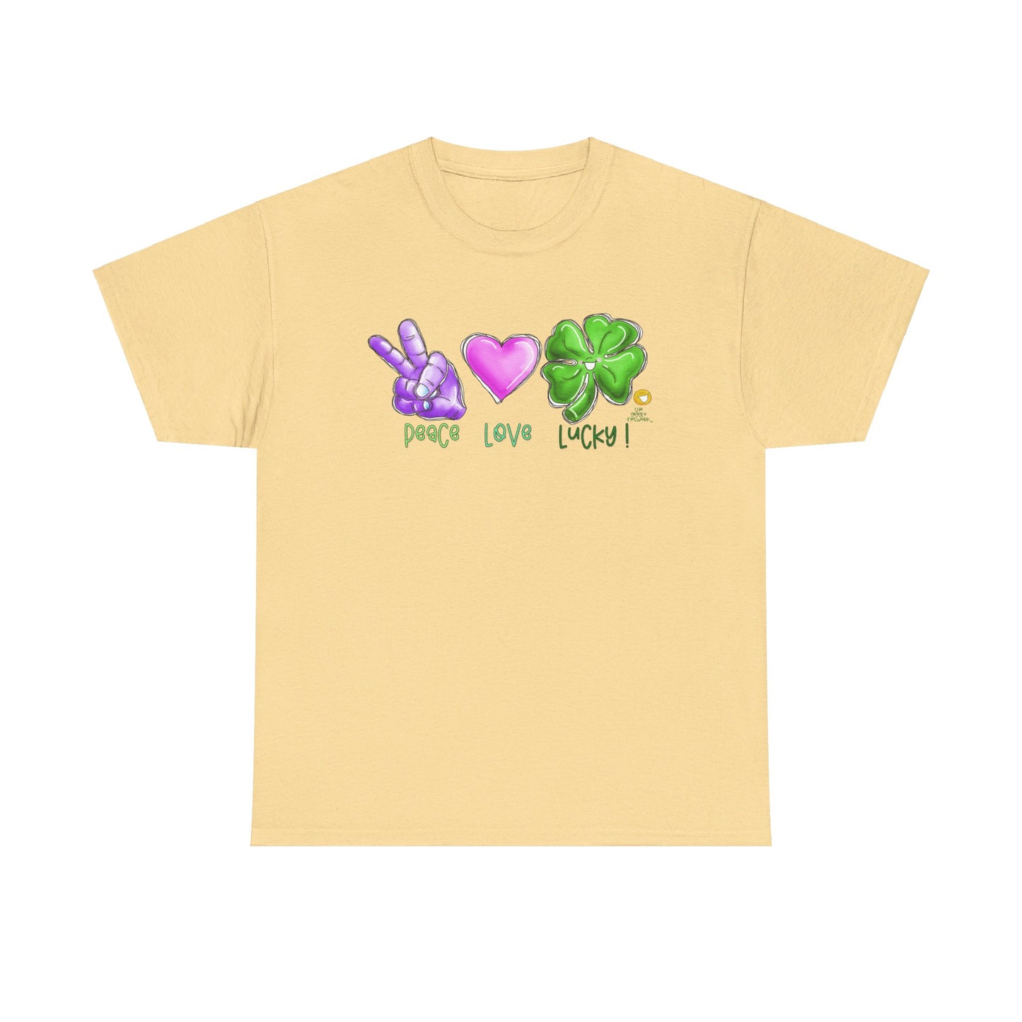 Peace Love and Lucky tshirt, Clovers,  St Patricks day tshirt, Peace Love and Lucky by The Giggle Network,All images are Copyrighted by Laurie Repetto and The GIggle Network, and cannot be reproduced without written and dated permission from the artist.