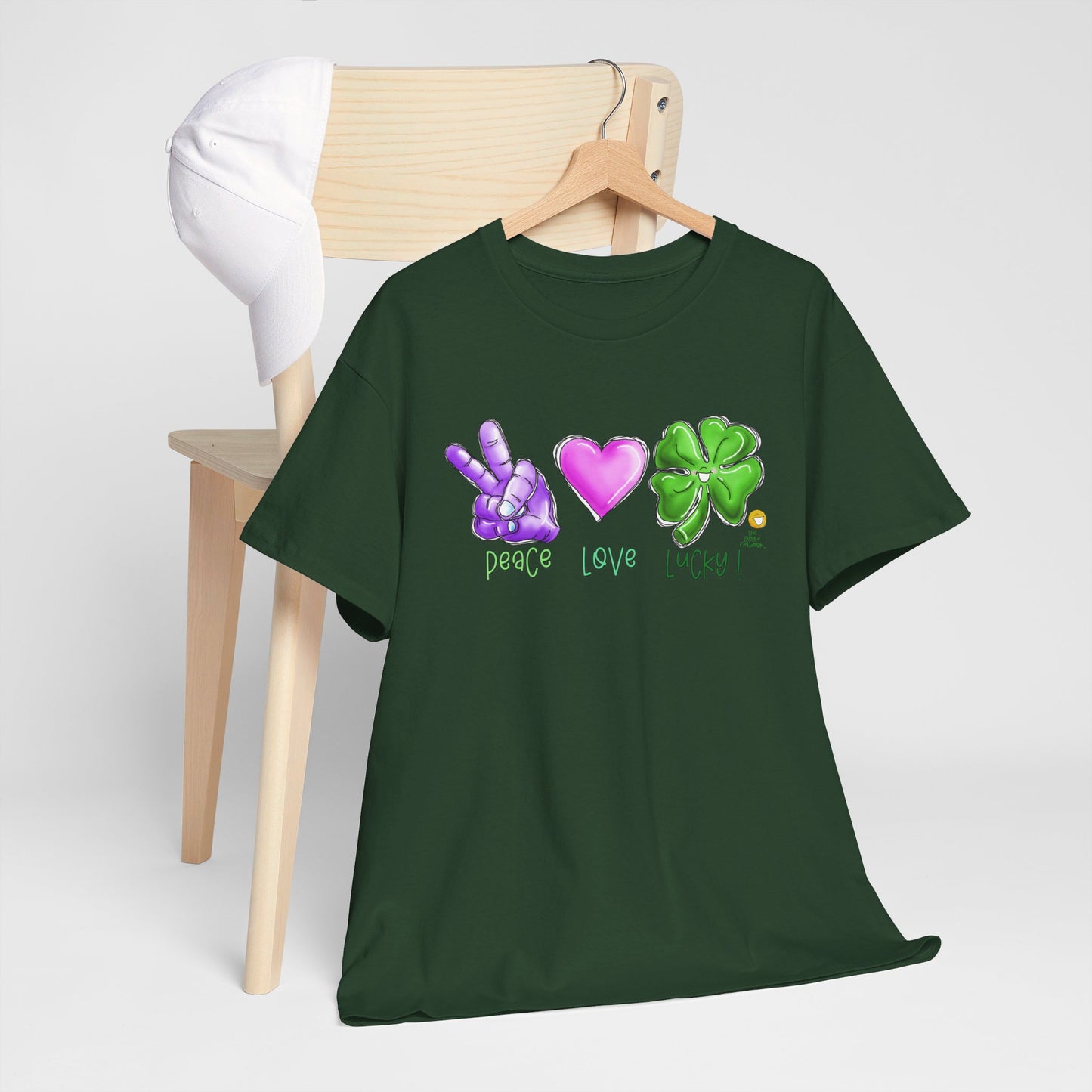 Peace Love and Lucky tshirt, Clovers,  St Patricks day tshirt, Peace Love and Lucky by The Giggle Network,All images are Copyrighted by Laurie Repetto and The GIggle Network, and cannot be reproduced without written and dated permission from the artist.