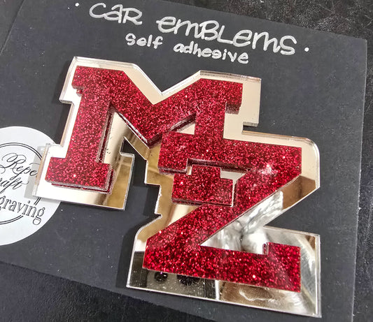 Red Glitter MZ Acrylic Car Emblem- Self Adhesive- MZ Eagles