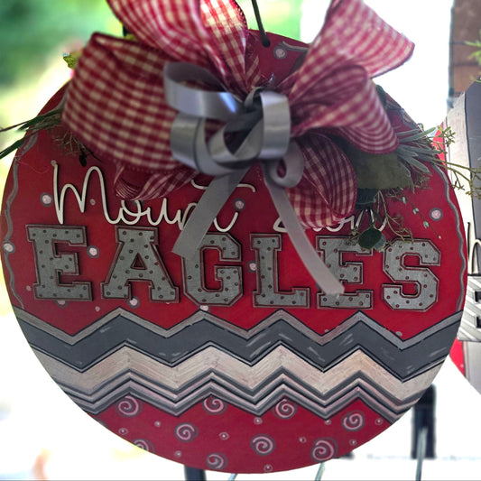 Wooden Door Hanger - Red with Silver Eagles, white Cursive Mount Zion  , zig-zag grays, 3 layer bow and pparacord/wire hanger