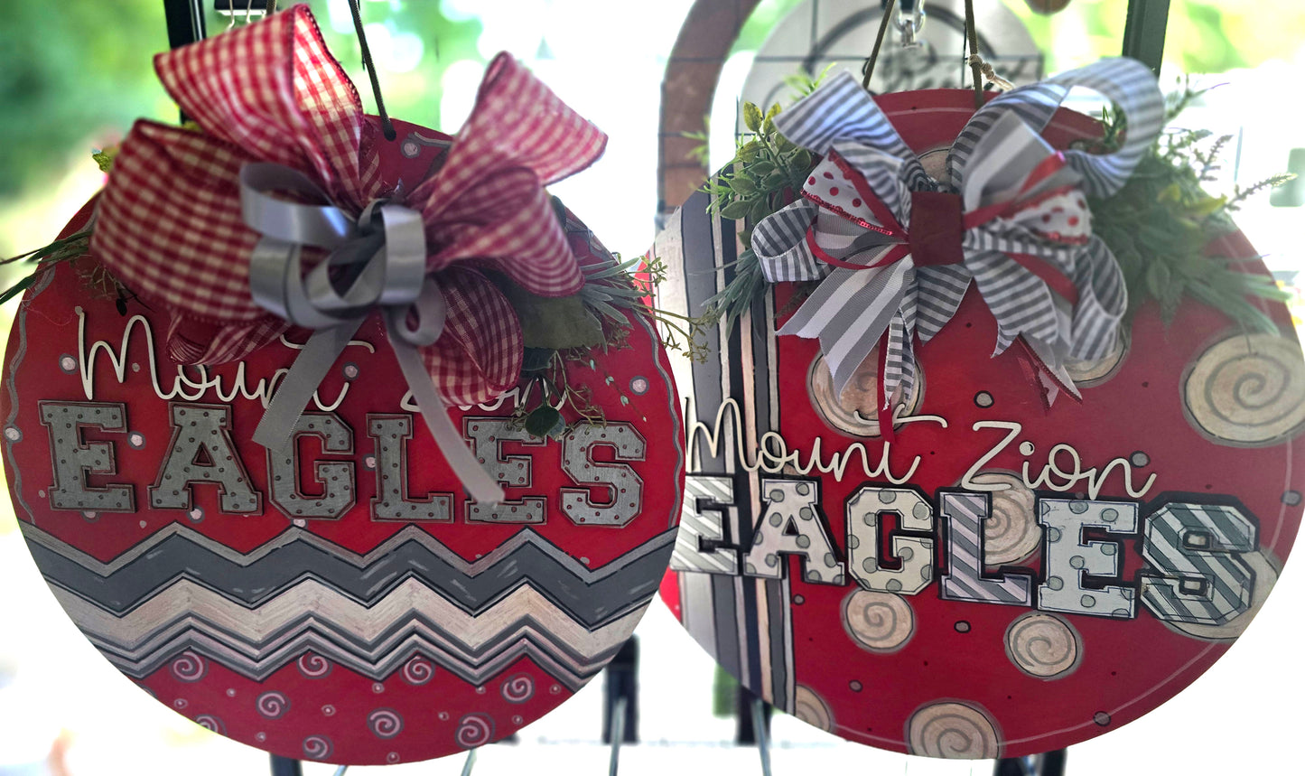 Wooden Door Hanger - Red with Silver Eagles, white Cursive Mount Zion  , zig-zag grays, 3 layer bow and pparacord/wire hanger