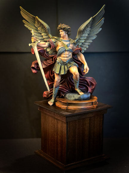 St. Michael the Archangel Statue on Wooden Pedestal, Hidden Compartment