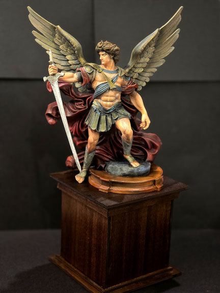 St. Michael the Archangel Statue on Wooden Pedestal, Hidden Compartment