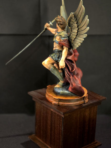 St. Michael the Archangel Statue on Wooden Pedestal, Hidden Compartment