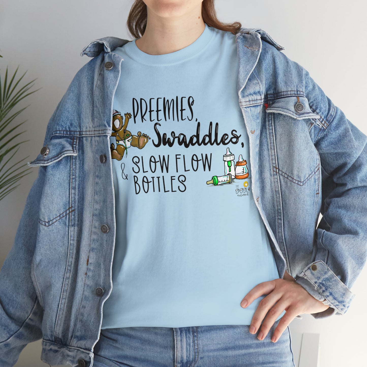 Preemie Swaddles and Slow Flow bottles by The Giggle Network created and Illustrated by Laurie Repetto, RN.