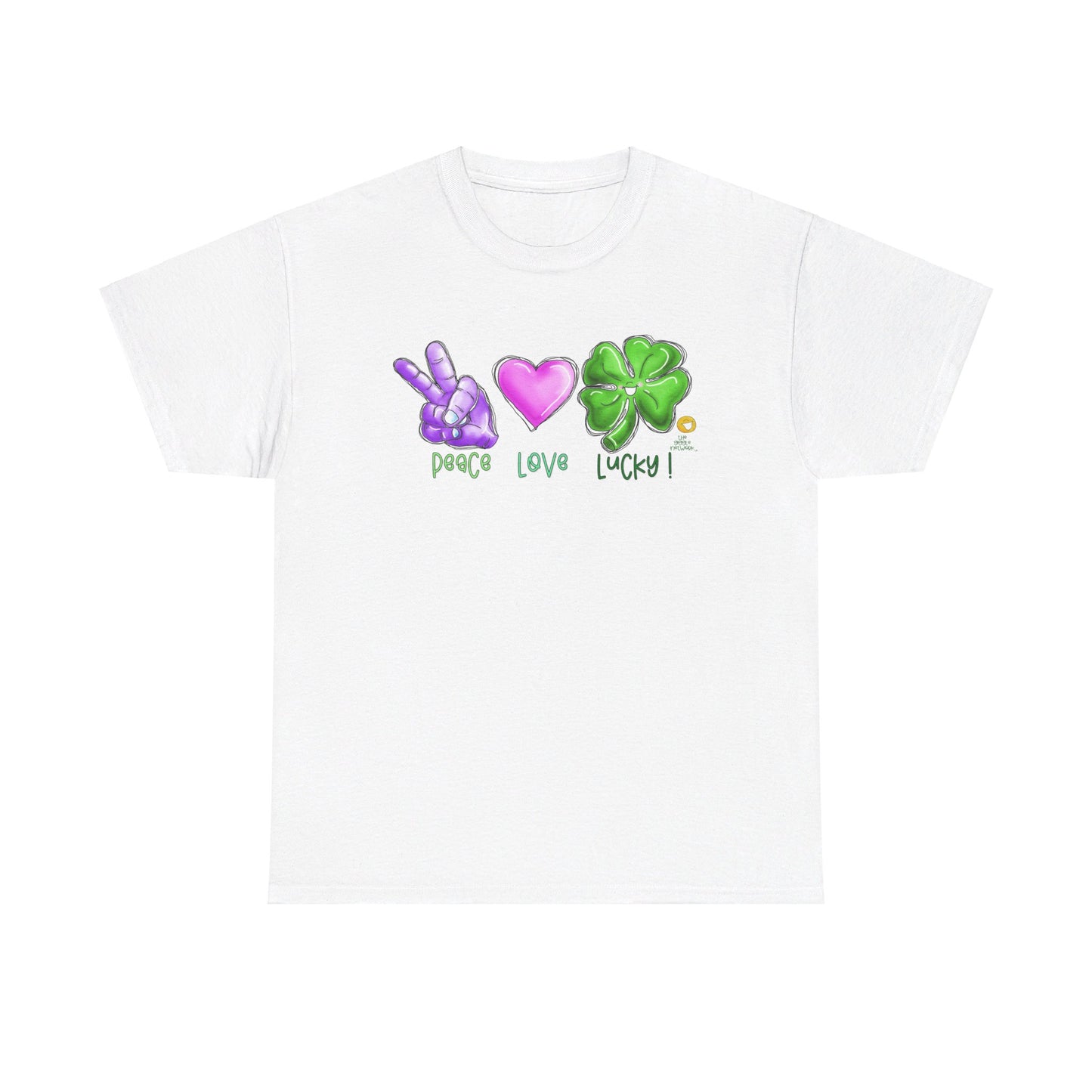 Peace Love and Lucky tshirt, Clovers,  St Patricks day tshirt, Peace Love and Lucky by The Giggle Network,All images are Copyrighted by Laurie Repetto and The GIggle Network, and cannot be reproduced without written and dated permission from the artist.