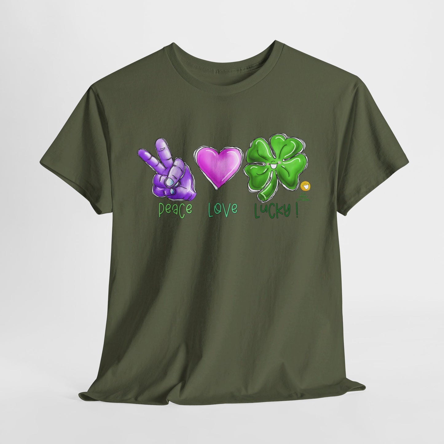 Peace Love and Lucky tshirt, Clovers,  St Patricks day tshirt, Peace Love and Lucky by The Giggle Network,All images are Copyrighted by Laurie Repetto and The GIggle Network, and cannot be reproduced without written and dated permission from the artist.