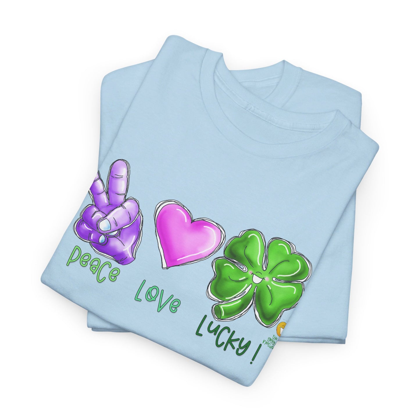 Peace Love and Lucky tshirt, Clovers,  St Patricks day tshirt, Peace Love and Lucky by The Giggle Network,All images are Copyrighted by Laurie Repetto and The GIggle Network, and cannot be reproduced without written and dated permission from the artist.