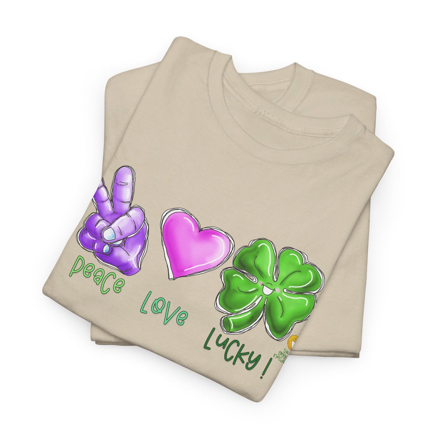 Peace Love and Lucky tshirt, Clovers,  St Patricks day tshirt, Peace Love and Lucky by The Giggle Network,All images are Copyrighted by Laurie Repetto and The GIggle Network, and cannot be reproduced without written and dated permission from the artist.