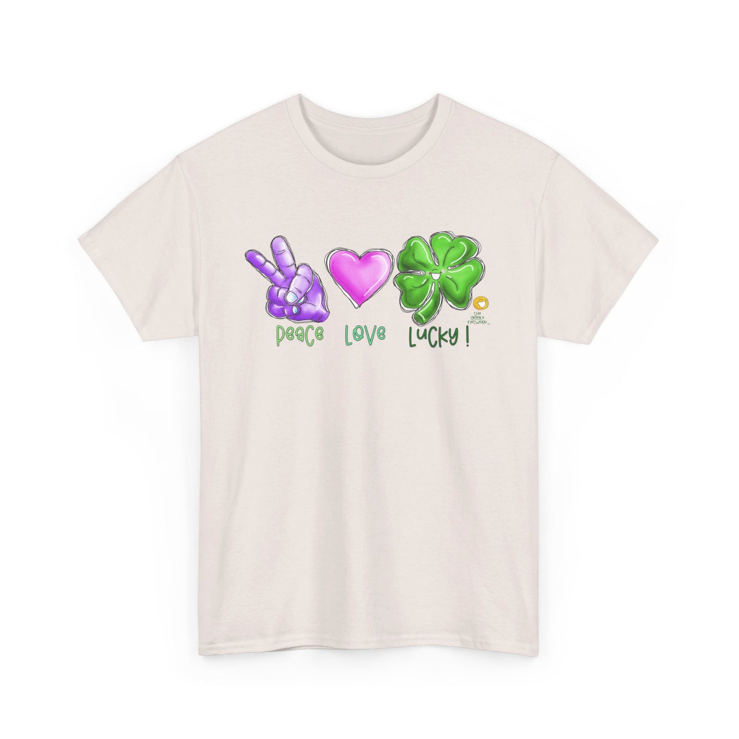 Peace Love and Lucky tshirt, Clovers,  St Patricks day tshirt, Peace Love and Lucky by The Giggle Network,All images are Copyrighted by Laurie Repetto and The GIggle Network, and cannot be reproduced without written and dated permission from the artist.