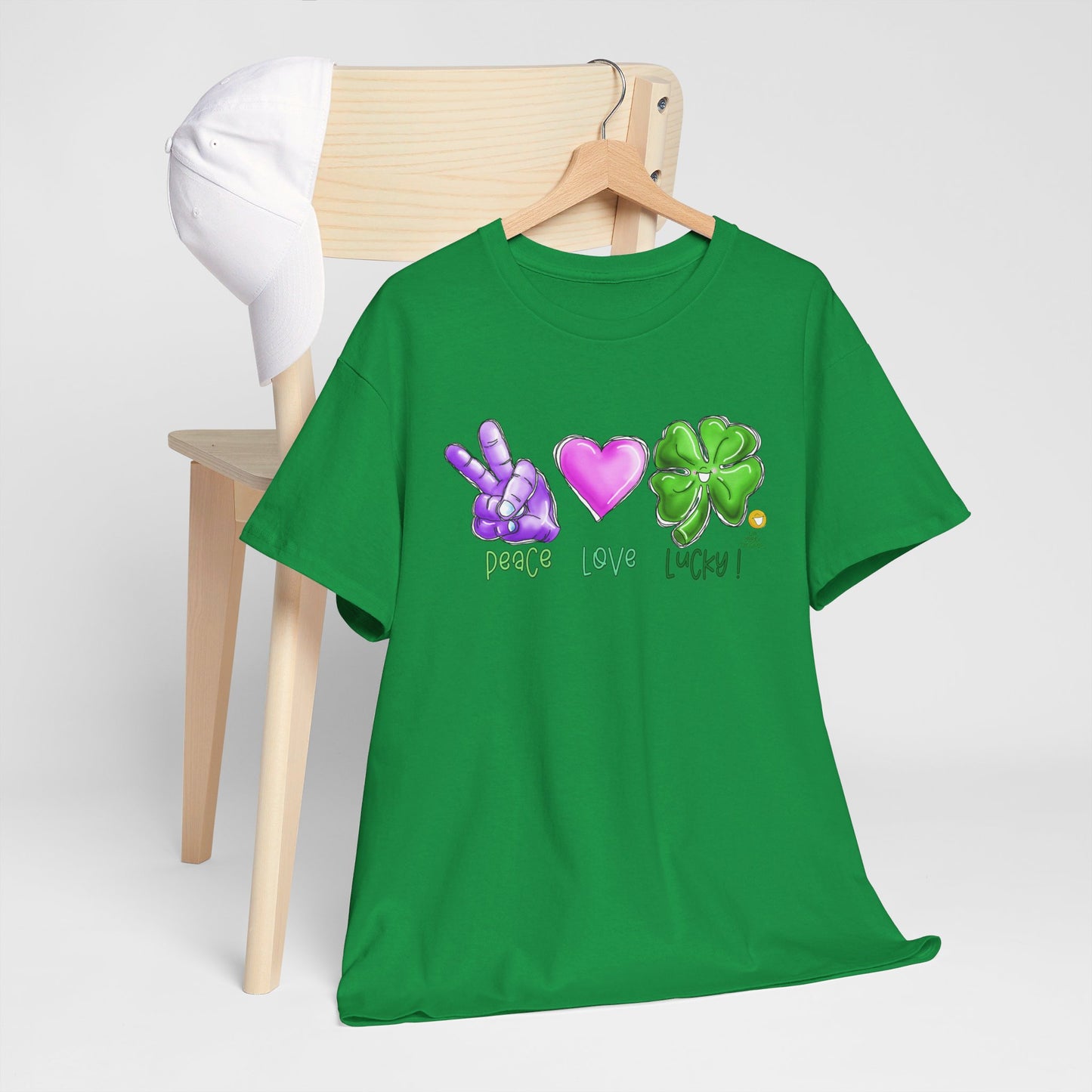 Peace Love and Lucky tshirt, Clovers,  St Patricks day tshirt, Peace Love and Lucky by The Giggle Network,All images are Copyrighted by Laurie Repetto and The GIggle Network, and cannot be reproduced without written and dated permission from the artist.