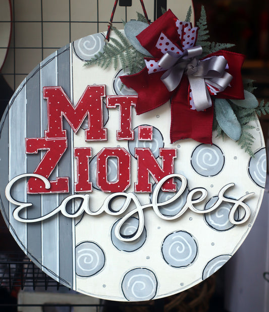 Wooden Door Hanger -White with Gray Side Stripes, Large Block Mount Zion and white lettered eagles(3rd layer) Large swirled dots
