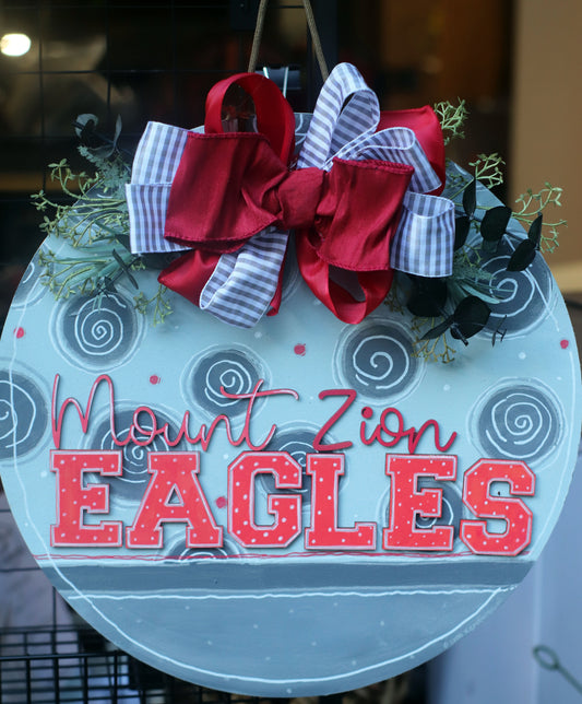Wooden Door Hanger -Gray with Red Eagles with white polka dots, Red cursive Mount Zion, Large swirled dots