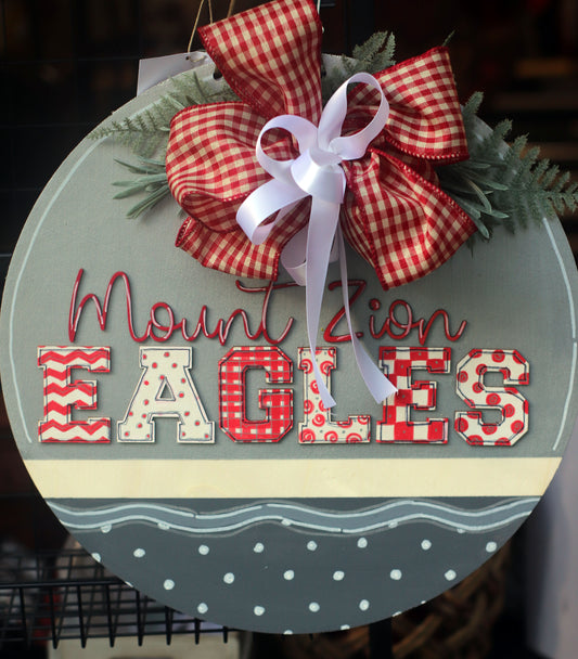 Wooden Door Hanger -Gray with Dk. Gray Polkadot bottom, Large Block Eagles and red lettered eagles(3rd layer) Large swirled dots (Copy)