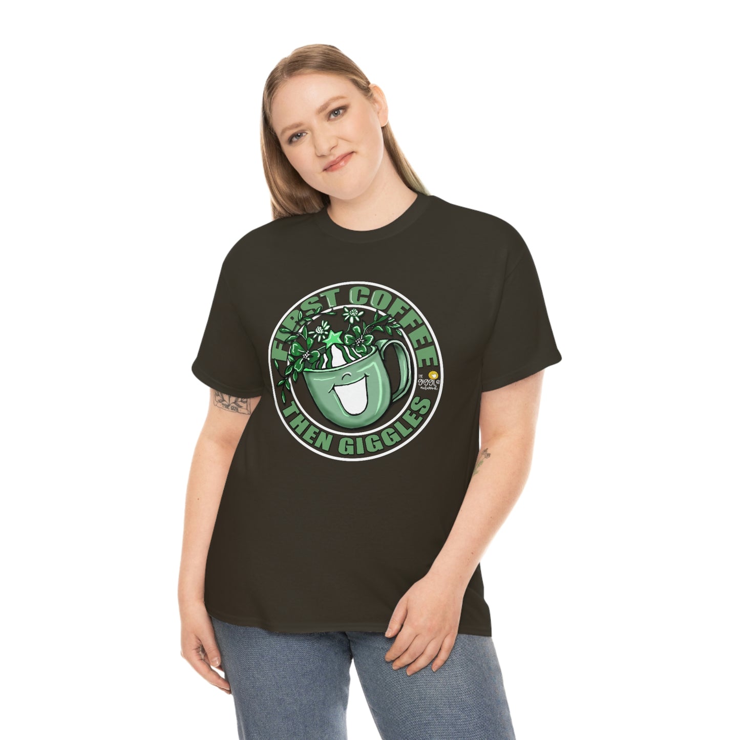 FIrst Coffee Then Giggles (Green COLOR) by The Giggle Network (TM) created and Illustrated by Laurie Repetto