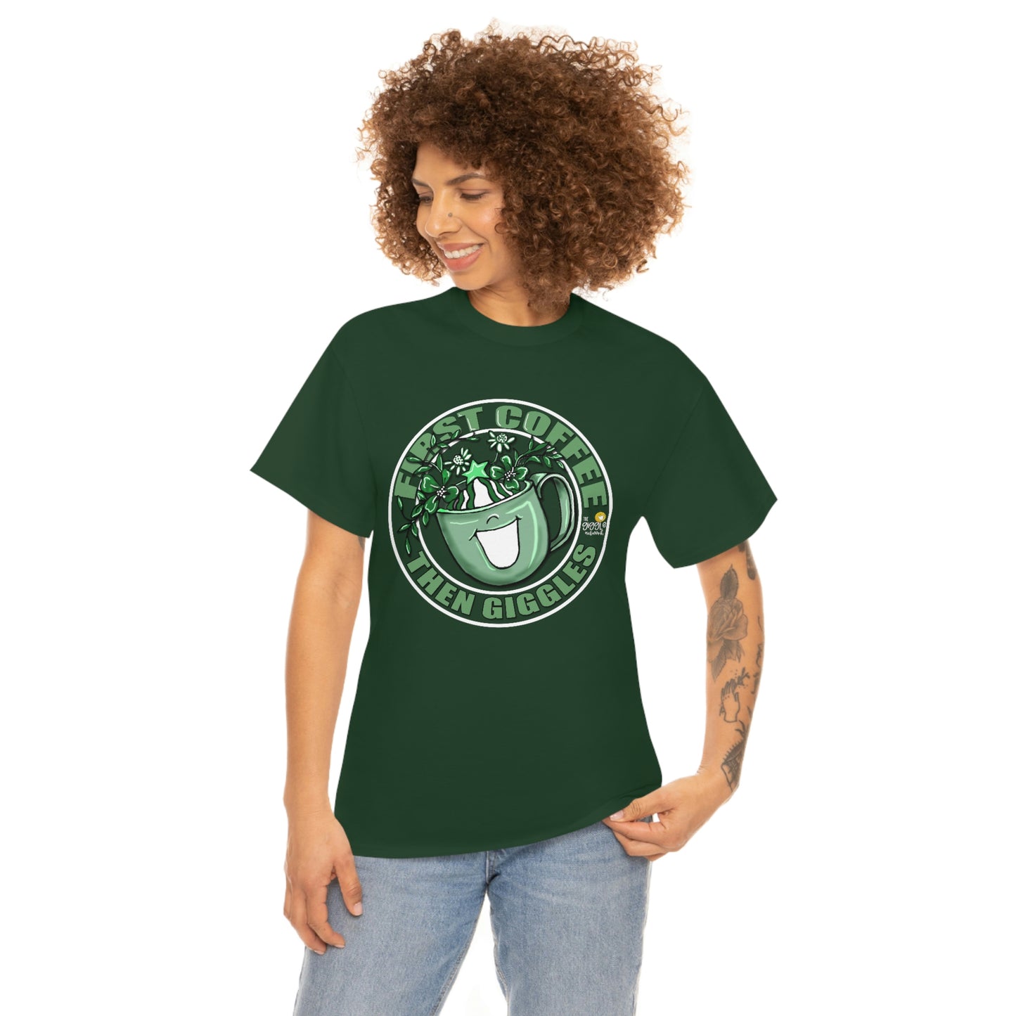 FIrst Coffee Then Giggles (Green COLOR) by The Giggle Network (TM) created and Illustrated by Laurie Repetto