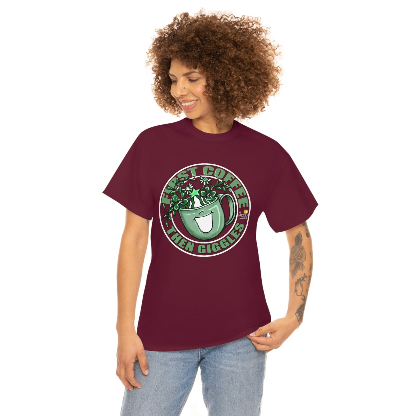 FIrst Coffee Then Giggles (Green COLOR) by The Giggle Network (TM) created and Illustrated by Laurie Repetto