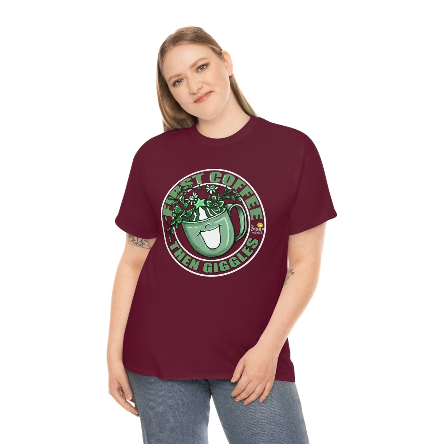FIrst Coffee Then Giggles (Green COLOR) by The Giggle Network (TM) created and Illustrated by Laurie Repetto
