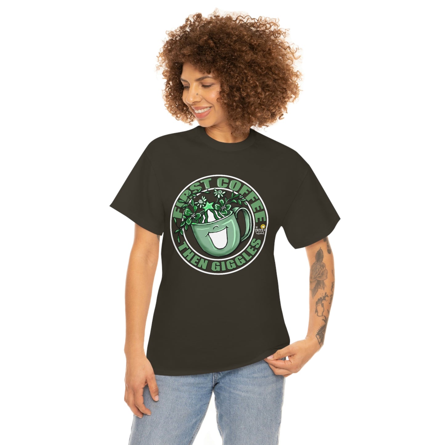 FIrst Coffee Then Giggles (Green COLOR) by The Giggle Network (TM) created and Illustrated by Laurie Repetto