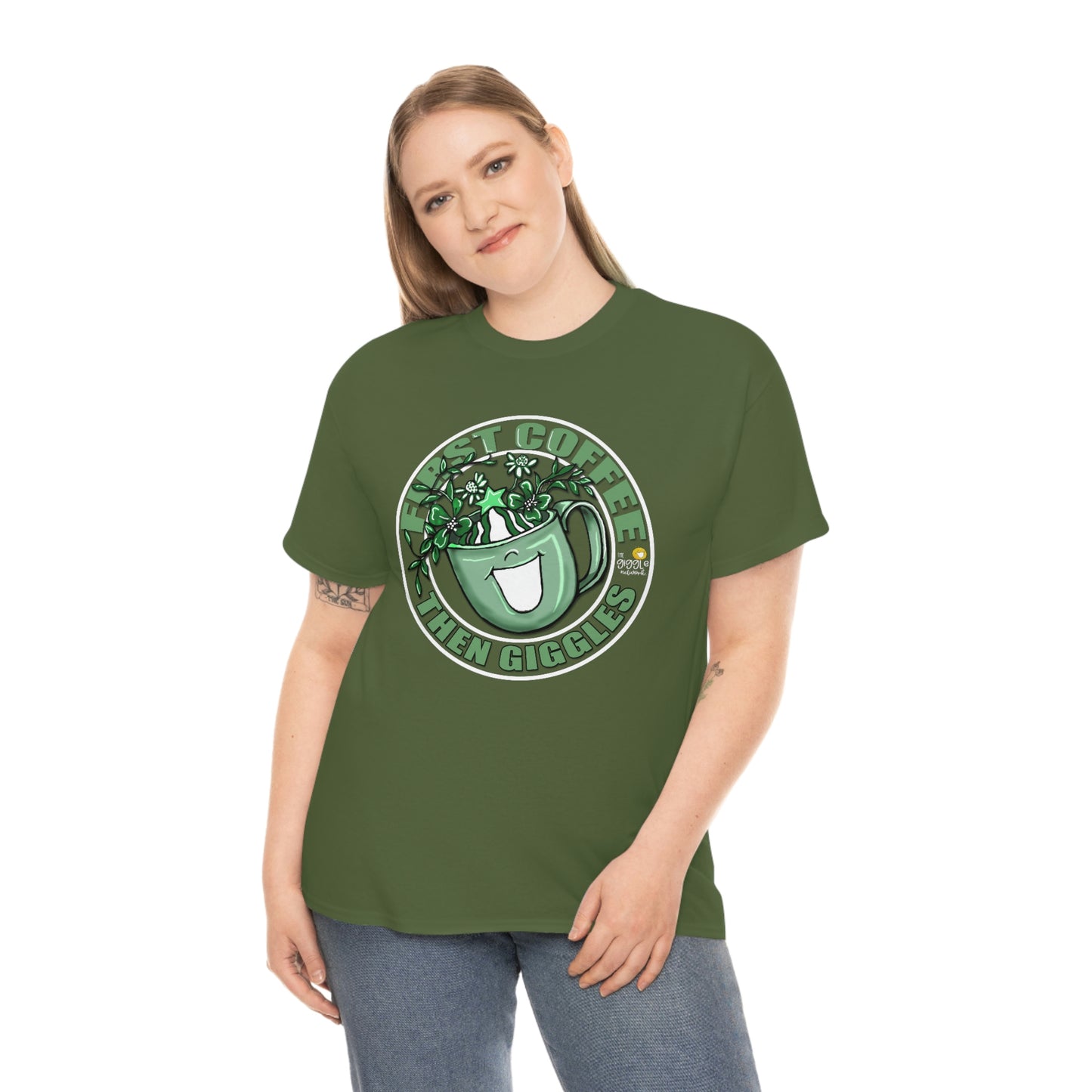FIrst Coffee Then Giggles (Green COLOR) by The Giggle Network (TM) created and Illustrated by Laurie Repetto